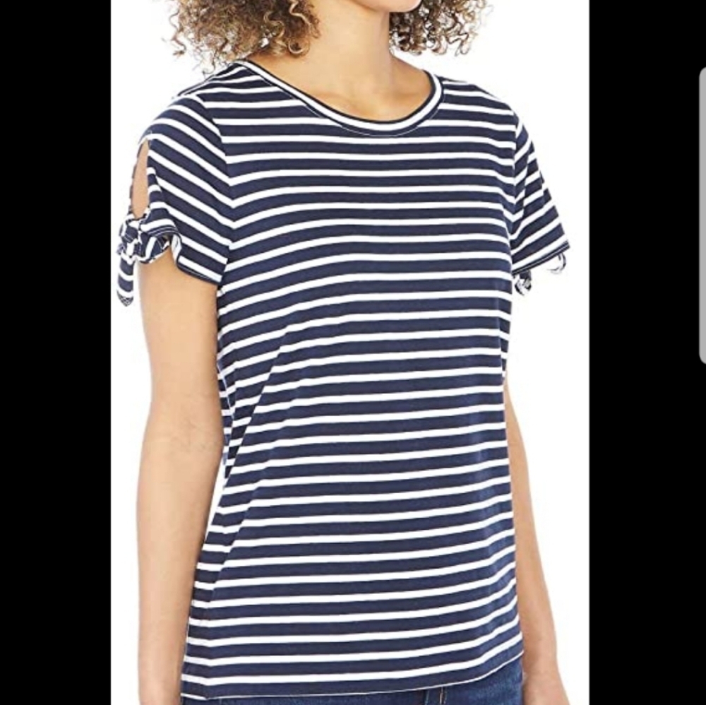 Nautica XXL Plus Size Casual Blue and White Tie Sleeve Striped Top Tee